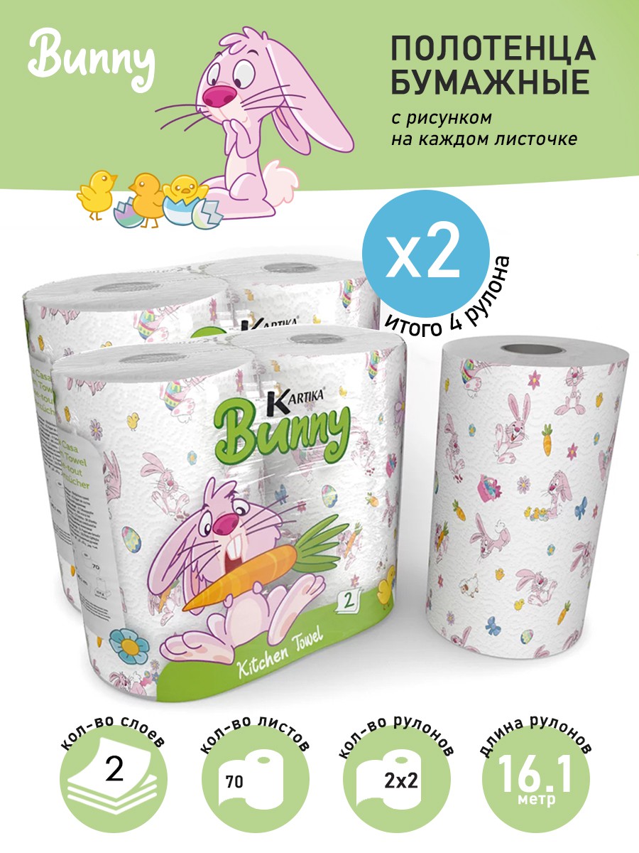 KGUNC-KT-01/набор НАБОР Полотенца бумажные с рисунком "Единорог" 2 слоя, 70 листов, 2 уп х 2 рул