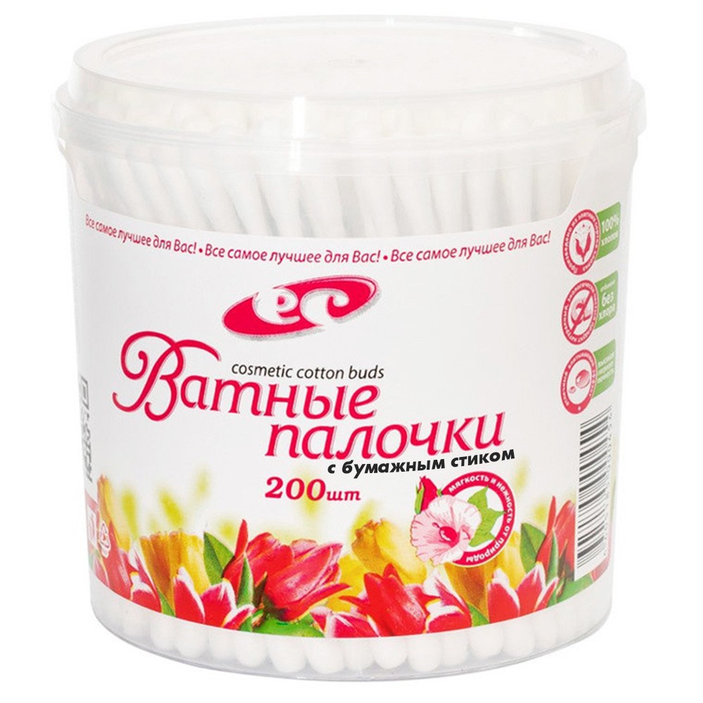 KG006234 Палочки косметические ЭКО с бумажным стиком, белые, 200 шт в банке, ЕС (40)